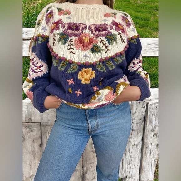 Vintage Sweaters - Vintage Bronte Knitted by Hand Cottagecore Granny Floral Sweater Size Large